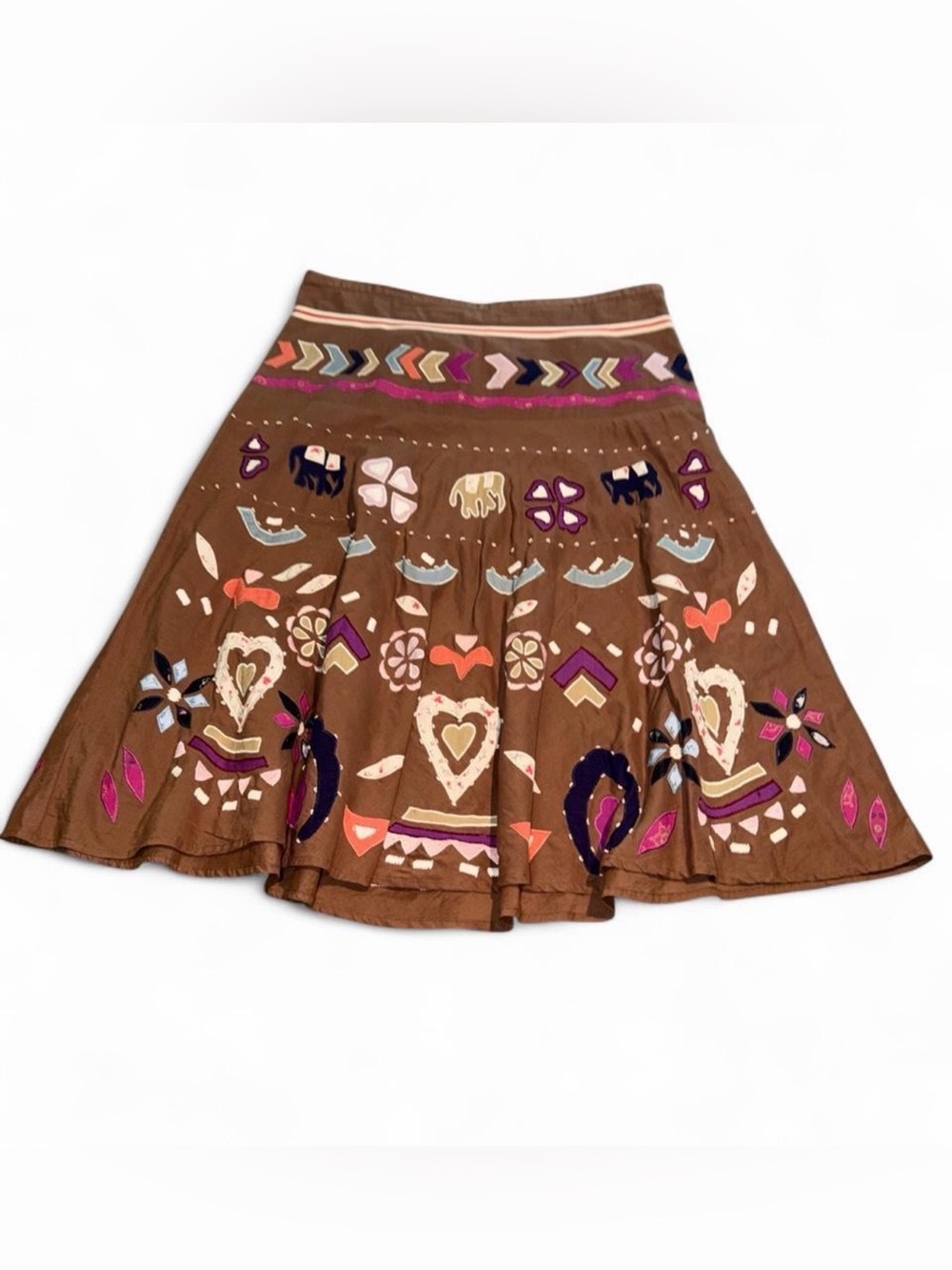 Boho Brown skirt with multicolored geometric and floral embroidery